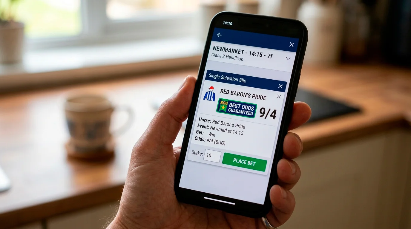 UK betting app showing a BOG badge on a horse racing selection slip
