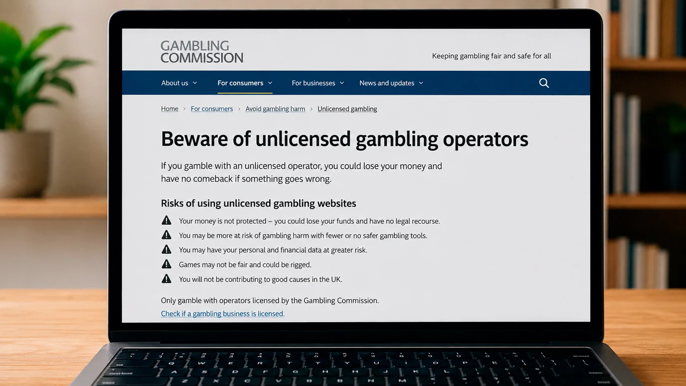 Warning notice on a UK Gambling Commission page about unlicensed betting operators