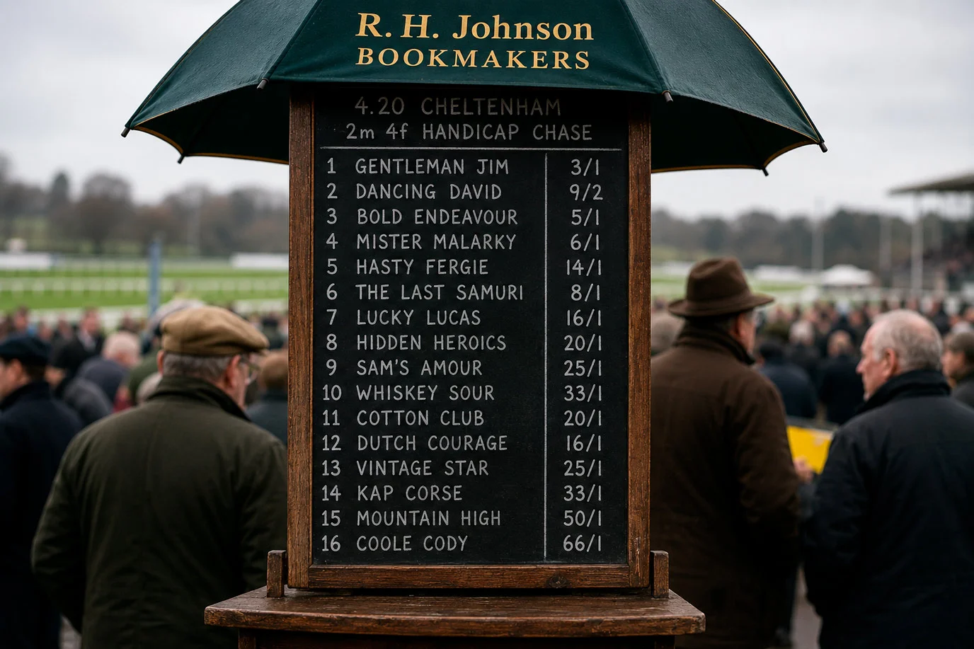 Bookmaker board displaying odds for a UK handicap with overround analysis annotations