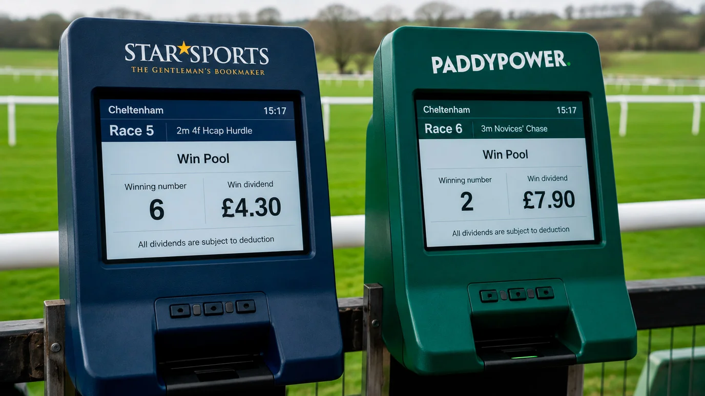 Two separate pool betting terminals at a UK racecourse displaying britbet and Tote branding