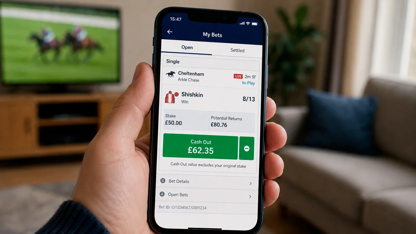 UK betting app showing a cash out button on an in-play horse racing bet
