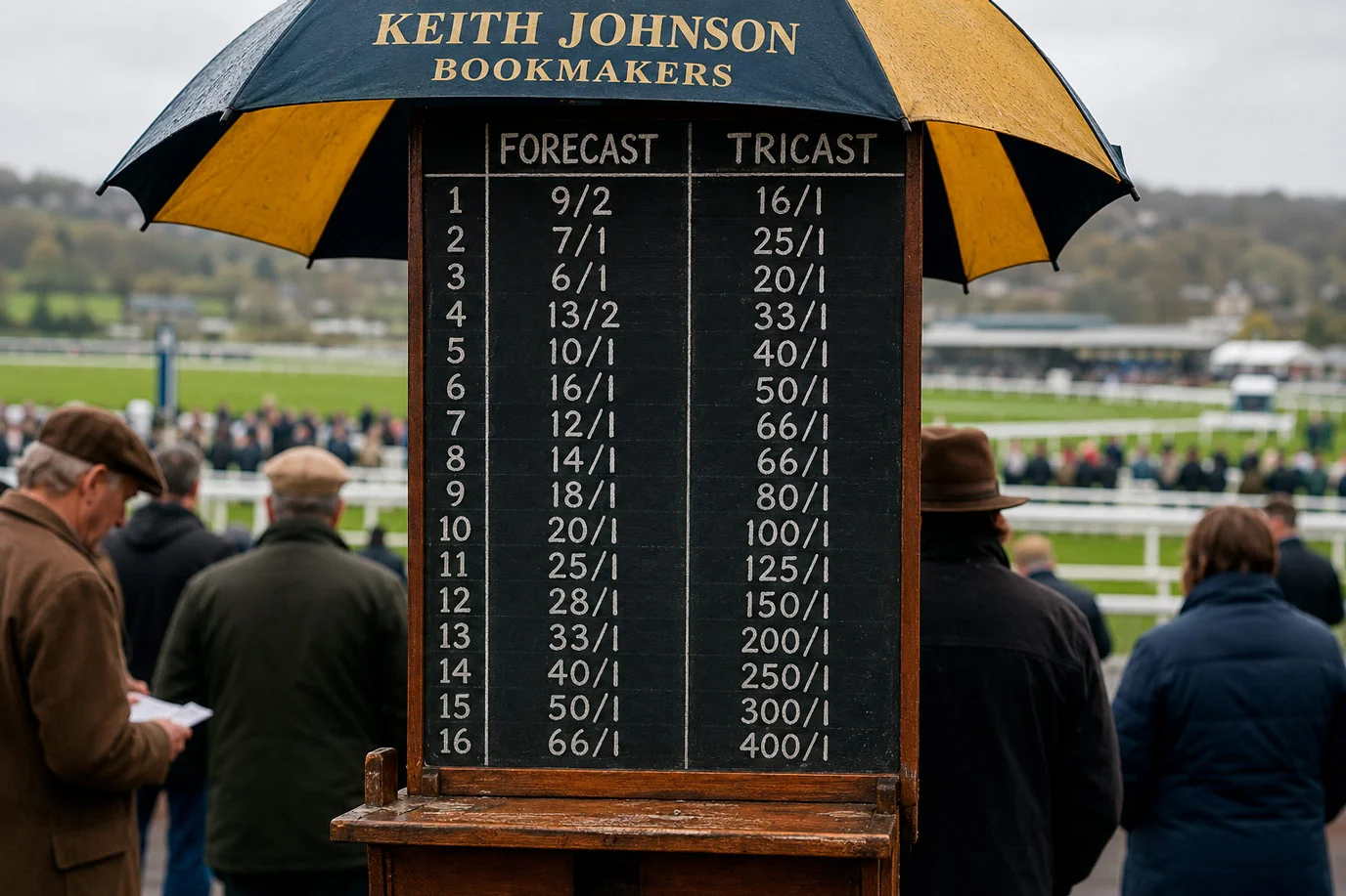 Bookmaker board showing forecast and tricast prices for a UK handicap race