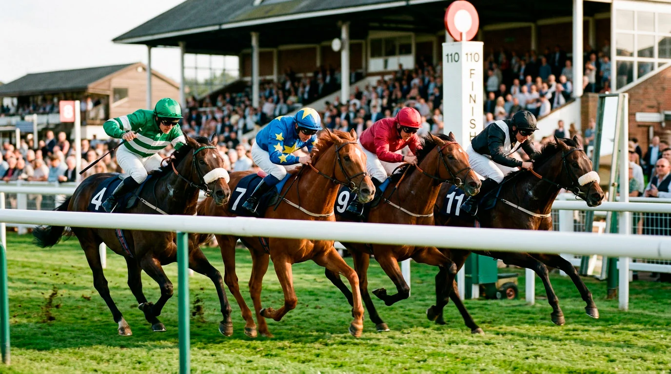 UK racecourse winning post with a finishing-line photo showing four horses crossing within a length of each other