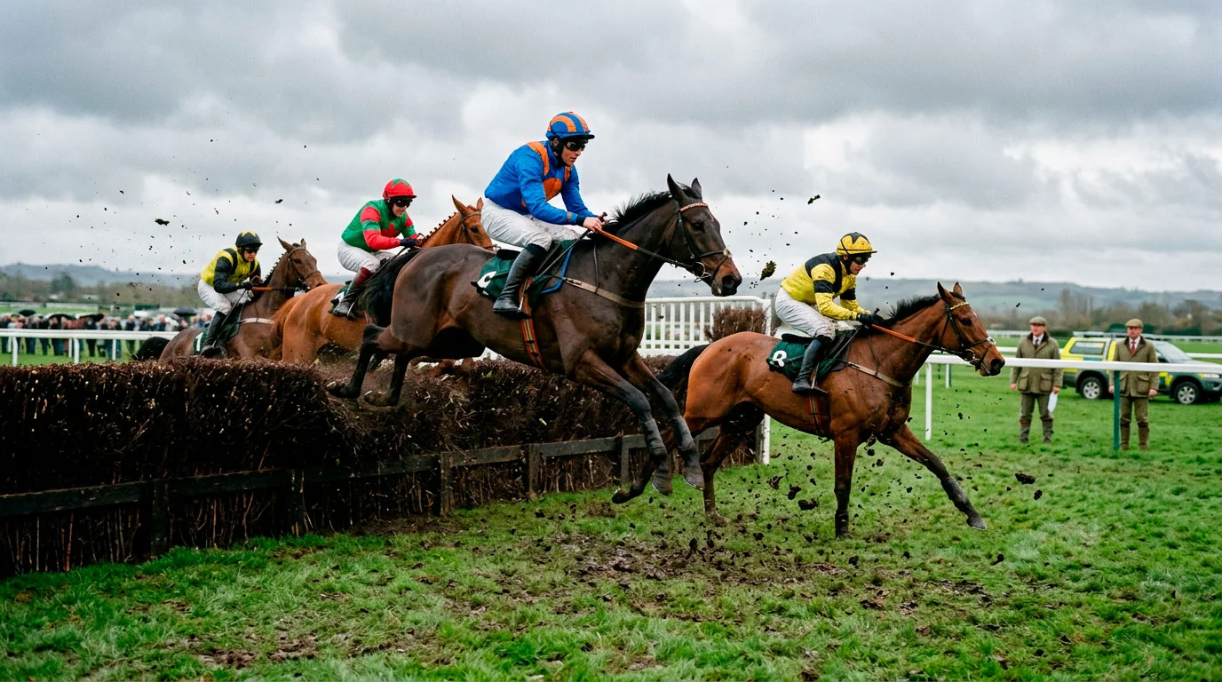 Side-by-side images of a Flat sprint at Newmarket and a National Hunt chase at Aintree