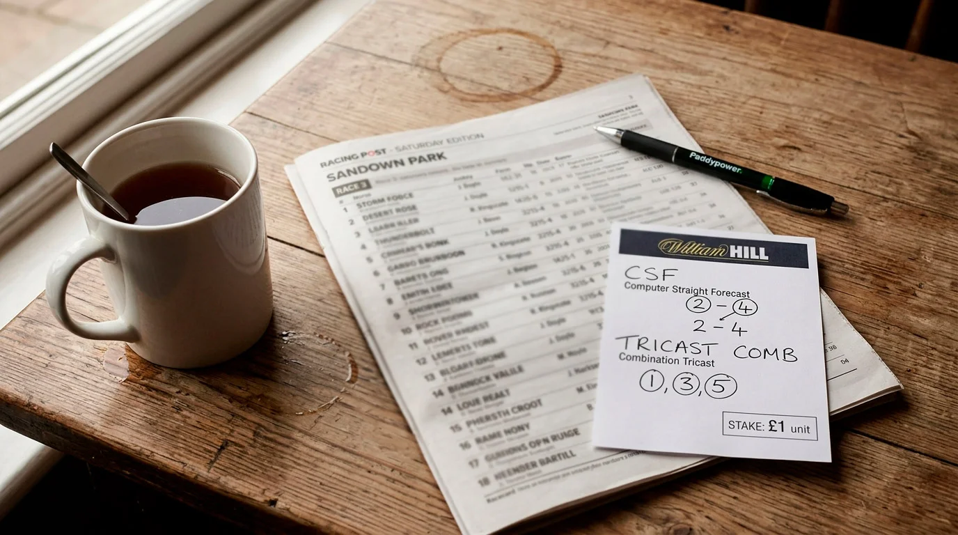 UK racecard with a betting slip showing a Computer Straight Forecast and a Combination Tricast selection across three numbered horses