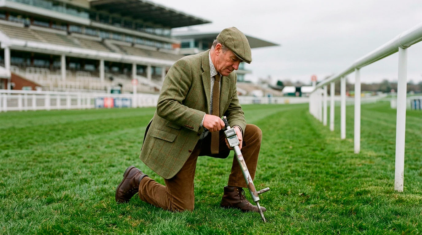 Clerk of the Course using a going stick on a UK turf course before racing