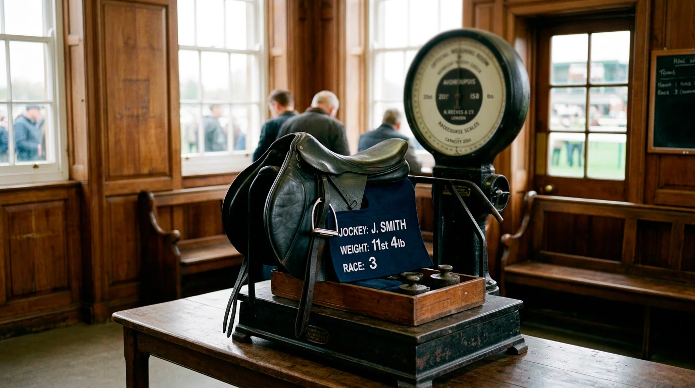 Weighing room scales with jockeys preparing for a UK handicap race