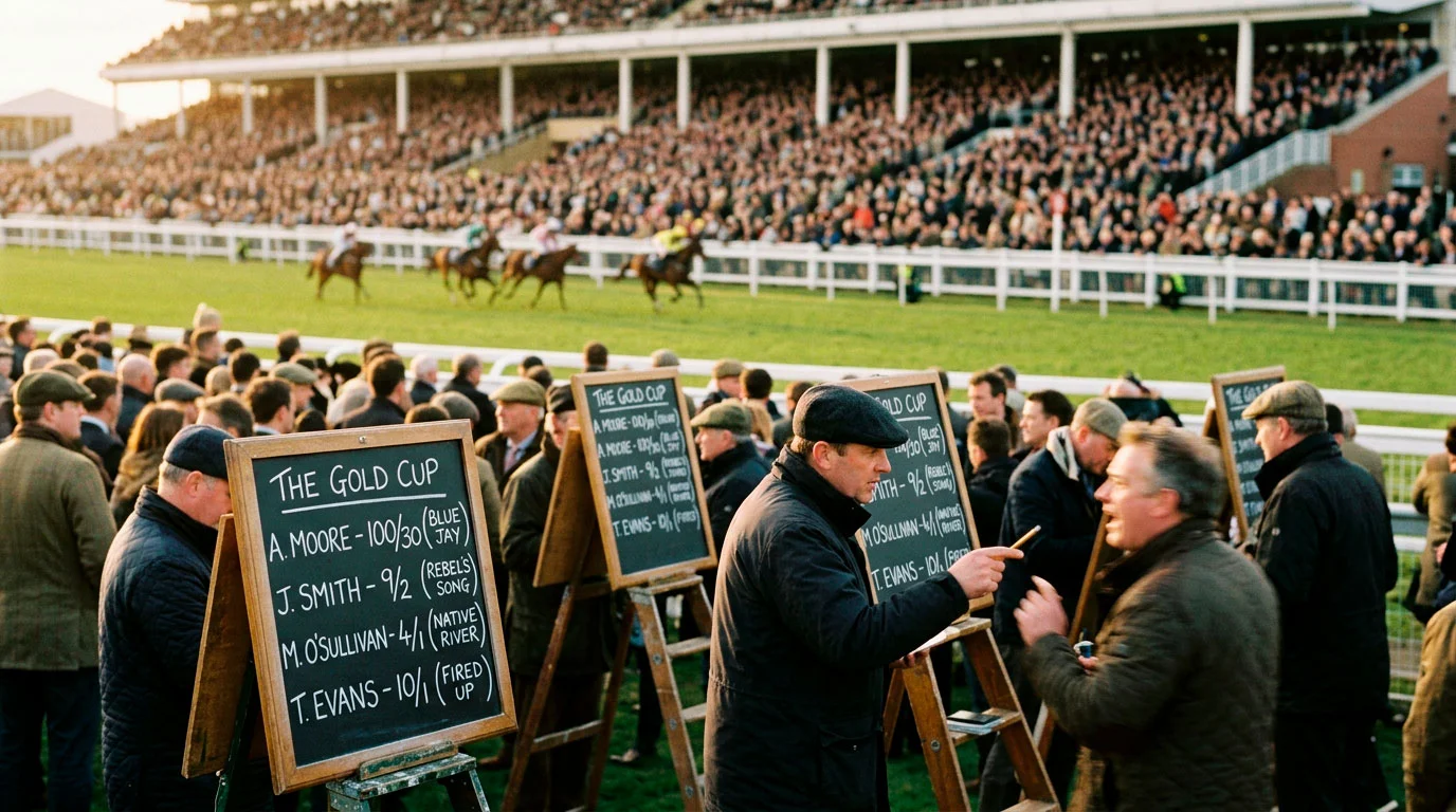 UK racecourse betting ring with bookmakers' boards displaying odds for a horse race