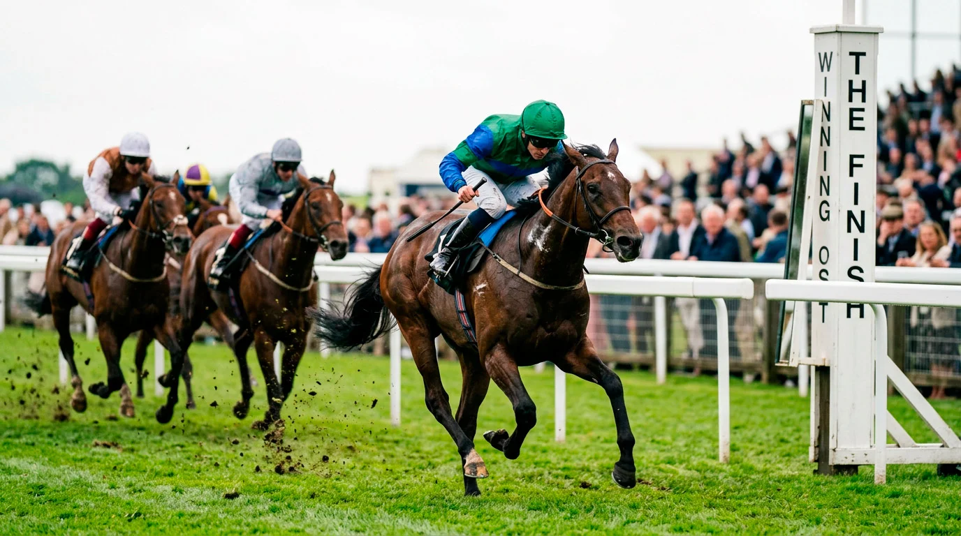 Horse passing the winning post first in a UK Flat race finish