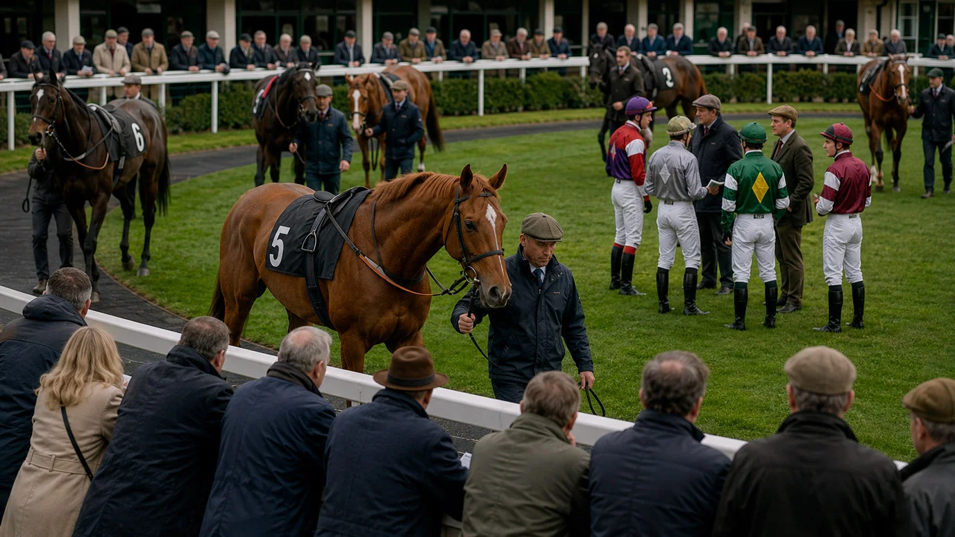 Horses walking the parade ring before a race at a British racecourse