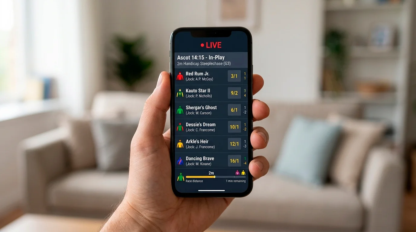 Live in-play horse racing markets updating on a mobile betting app during a UK race
