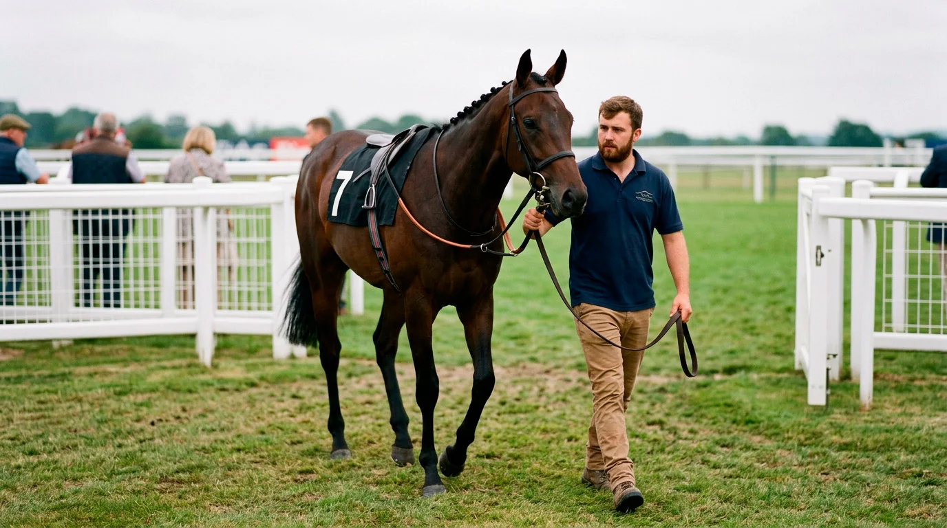 Young debut runner being led to the start for a maiden race at a UK racecourse