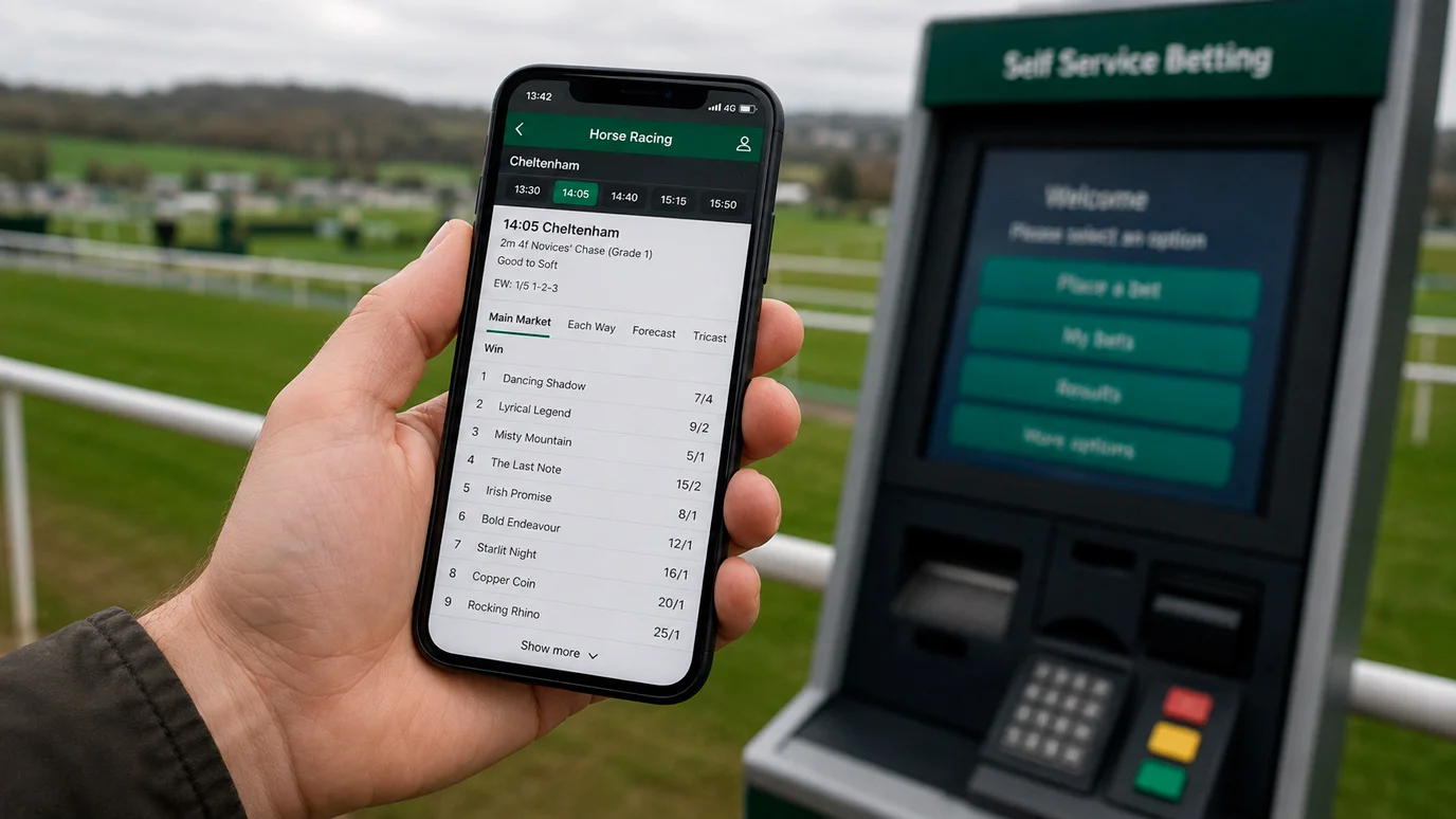 UK punter using a mobile betting app at Cheltenham racecourse with desktop terminal in background
