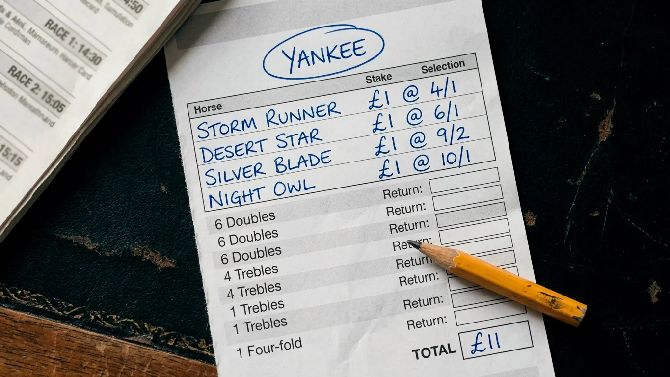 A betting slip showing a four-selection Yankee with stakes, fractional odds and combination lines printed in columns