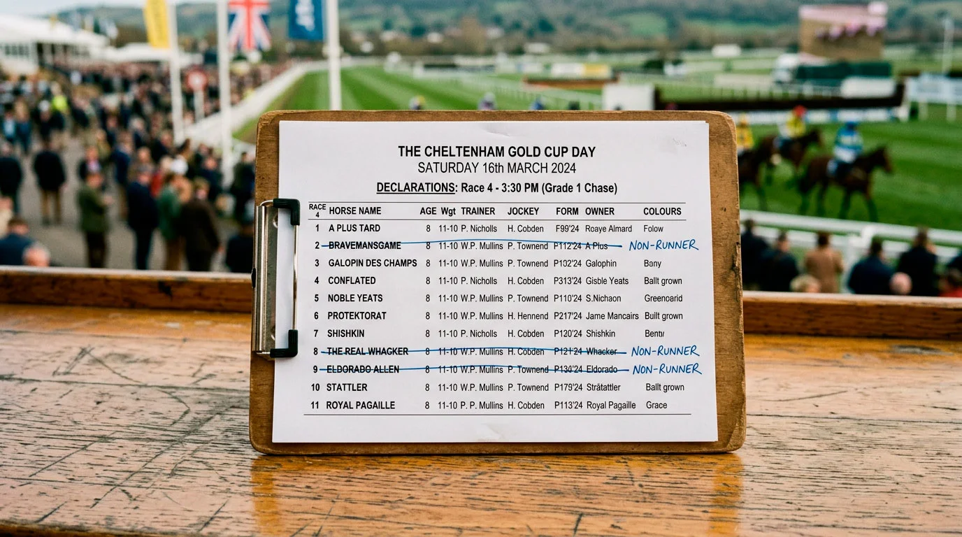 UK racing declarations sheet showing late non-runner withdrawals before a Festival race