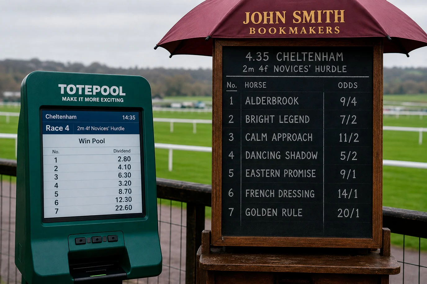 Side-by-side display of Tote pool dividend and fixed-odds bookmaker price on the same UK race