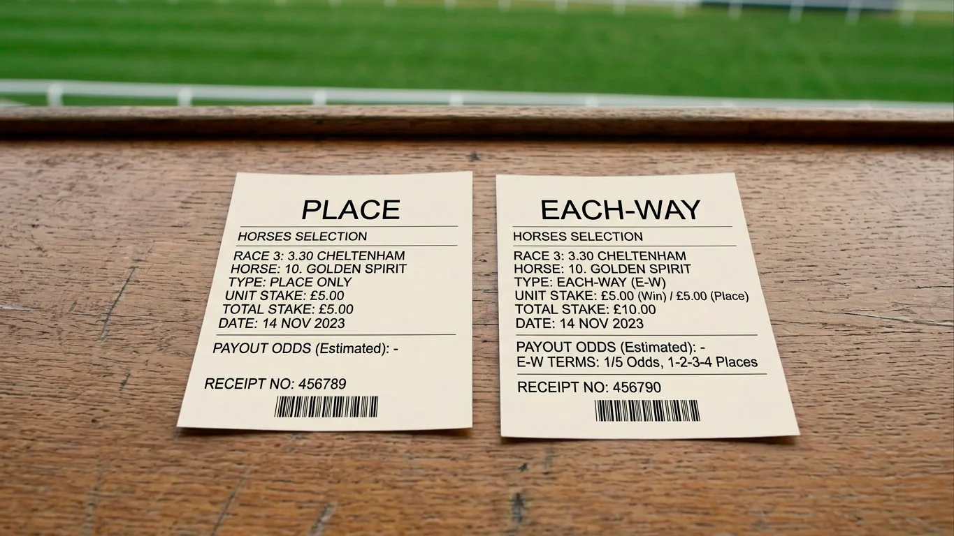 Side-by-side comparison of a place-only slip and an each-way slip on a UK racecourse betting counter