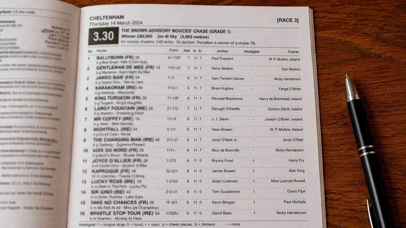 Open Racing Post racecard with annotations highlighting form figures and headgear codes