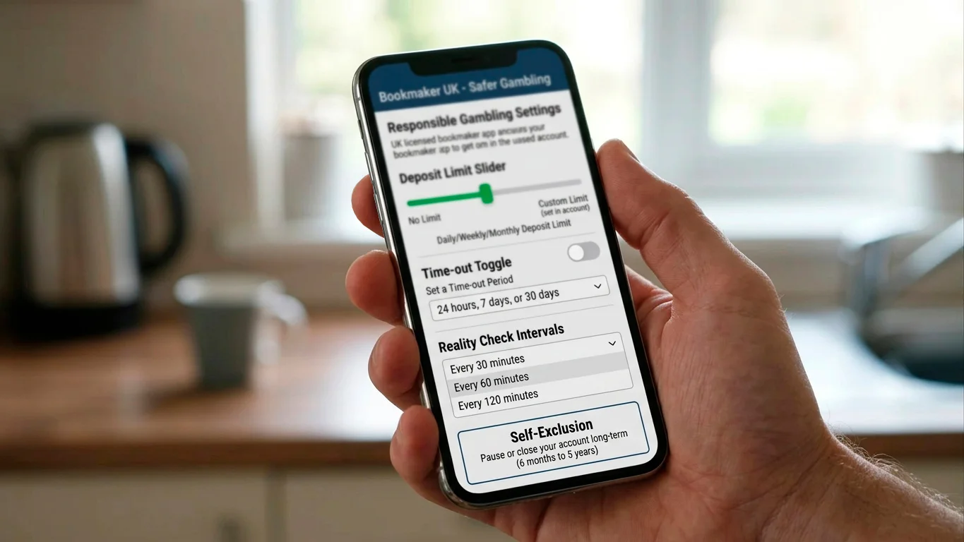 UK punter setting a deposit limit in a licensed bookmaker app with responsible gambling tools