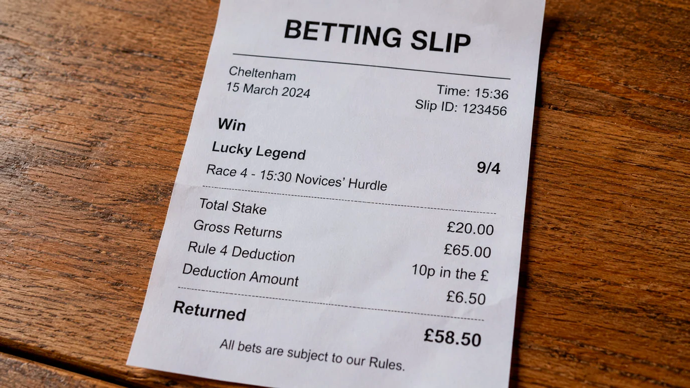 UK betting slip showing a winning return with a Rule 4 deduction applied