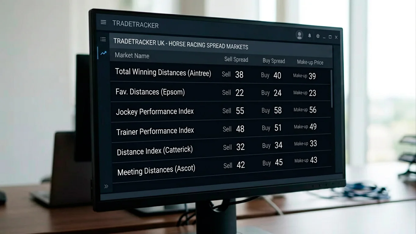 UK spread betting platform trading screen showing horse racing index markets and make-up prices