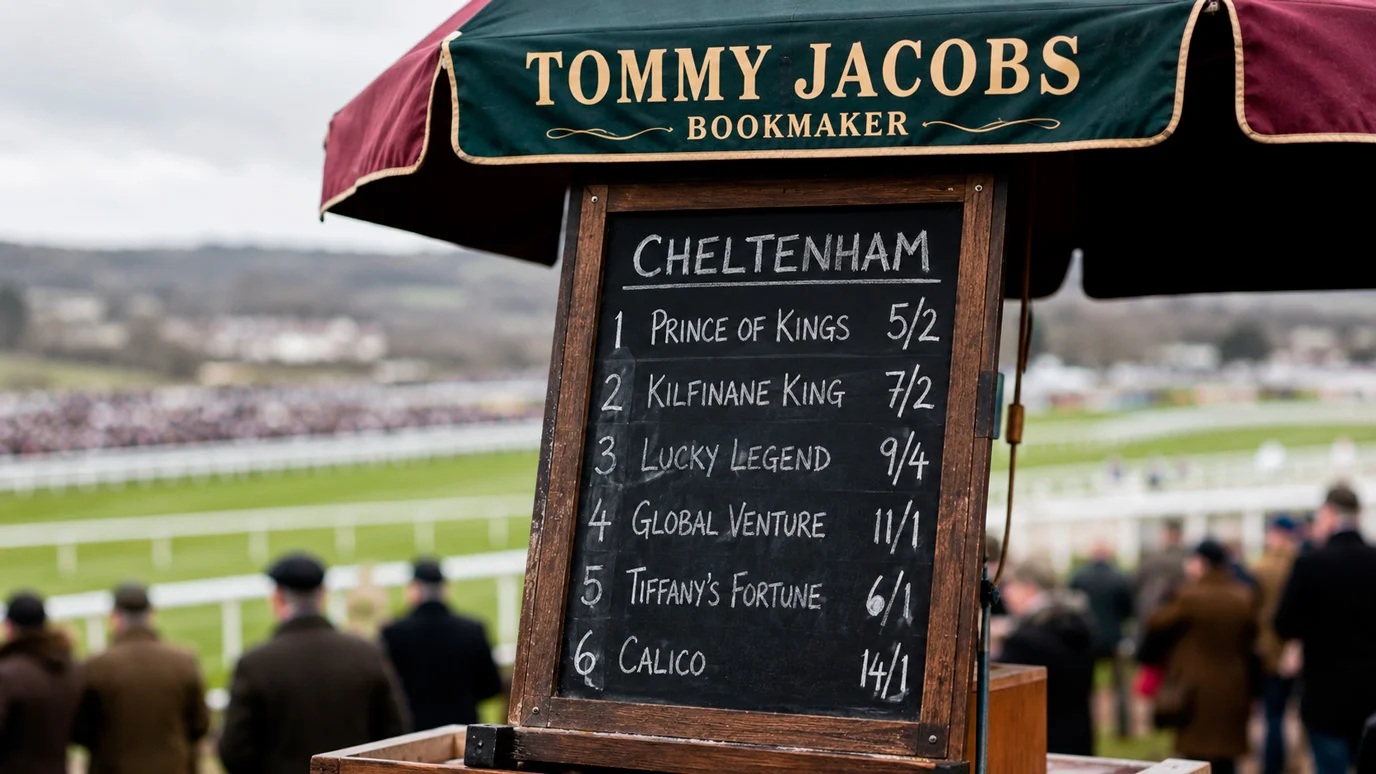 On-course bookmaker board showing fluctuating board prices ahead of a UK race