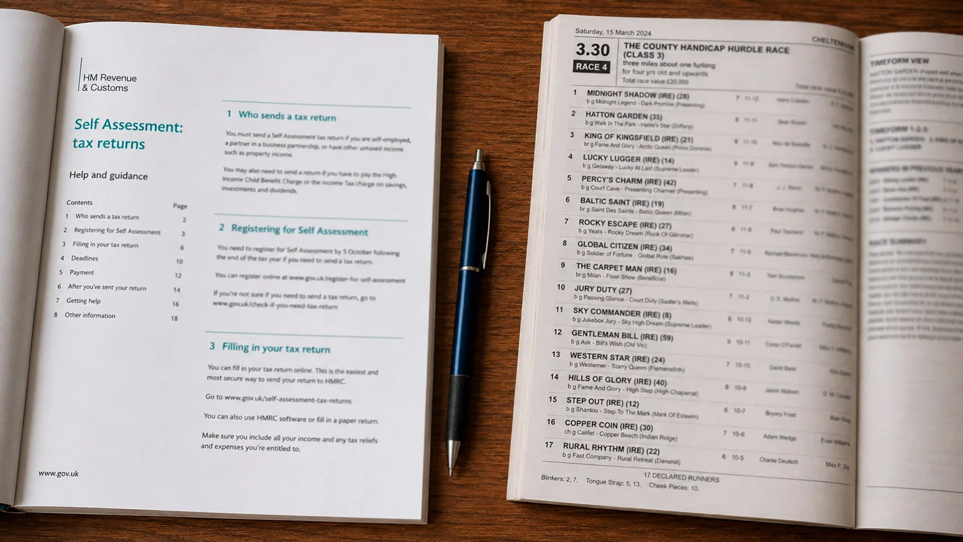 HMRC stylised form alongside a Cheltenham Festival betting slip representing UK tax position on racing wins