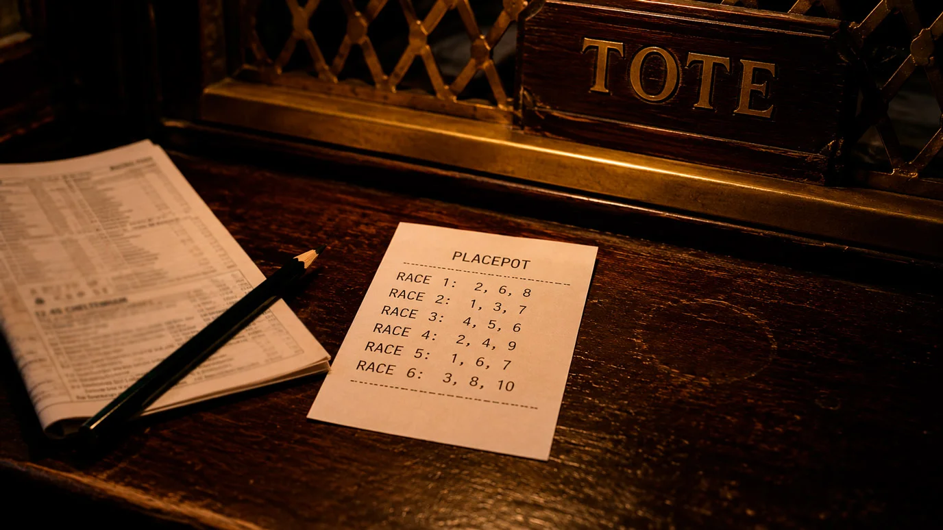 Tote betting kiosk at a UK racecourse with a printed Placepot ticket showing six race selections
