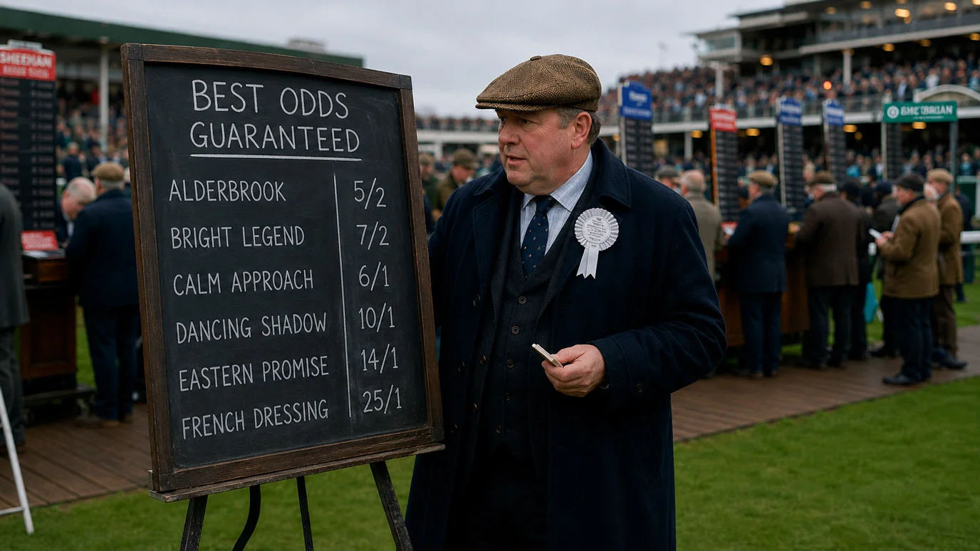 UK on-course bookmaker board in the betting ring at a racecourse with chalked horse names and fractional odds, layer in tweed flat cap standing beside it
