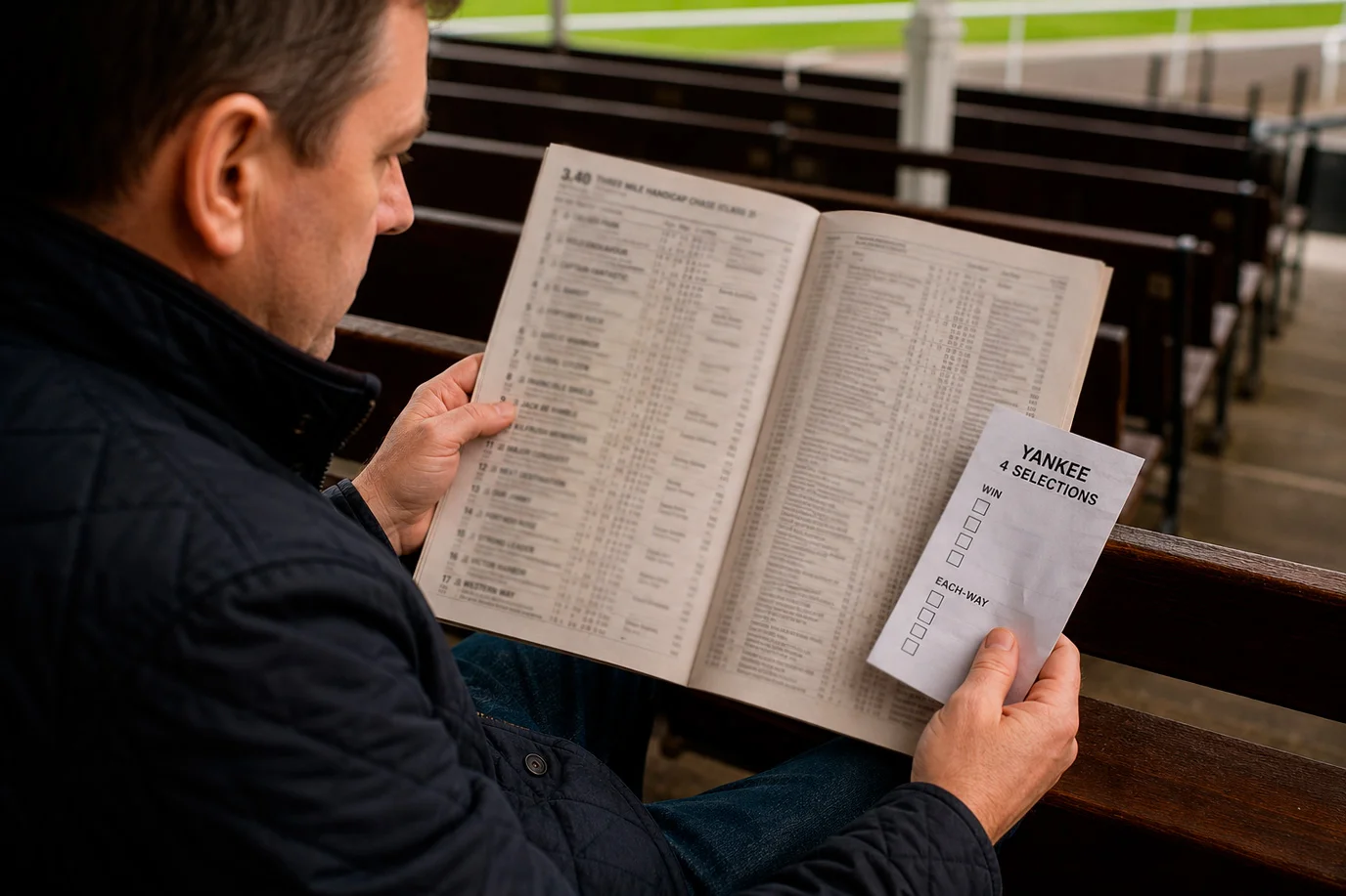 Punter reading the Racing Post and a Yankee betting slip at a UK racecourse