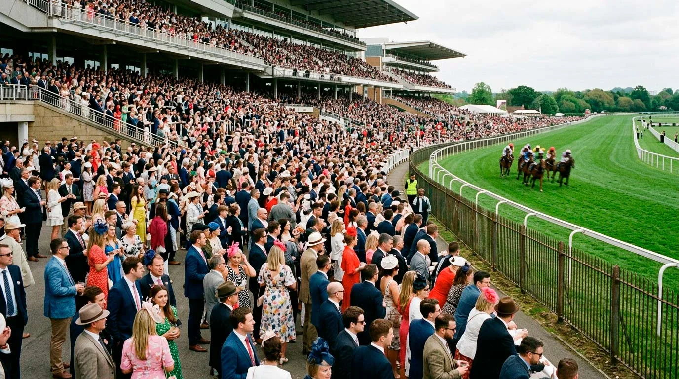 Crowd of British racegoers in the grandstand on a major UK race day