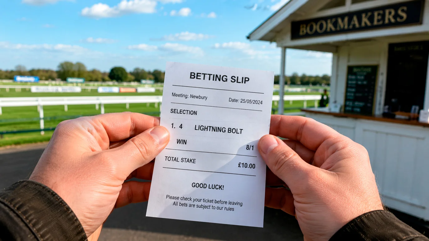 Punter holding a betting slip showing a single win bet on a UK racecourse