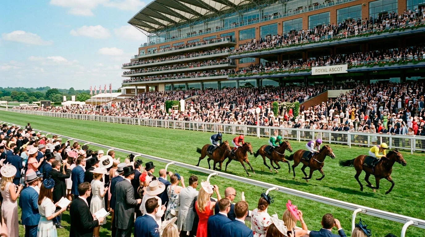 Royal Ascot grandstand crowd on a World Pool race day with international punter activity